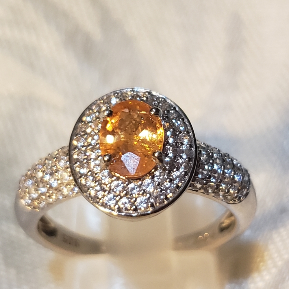 Authentic Spessartine Garnet White Zircon Double Halo ring